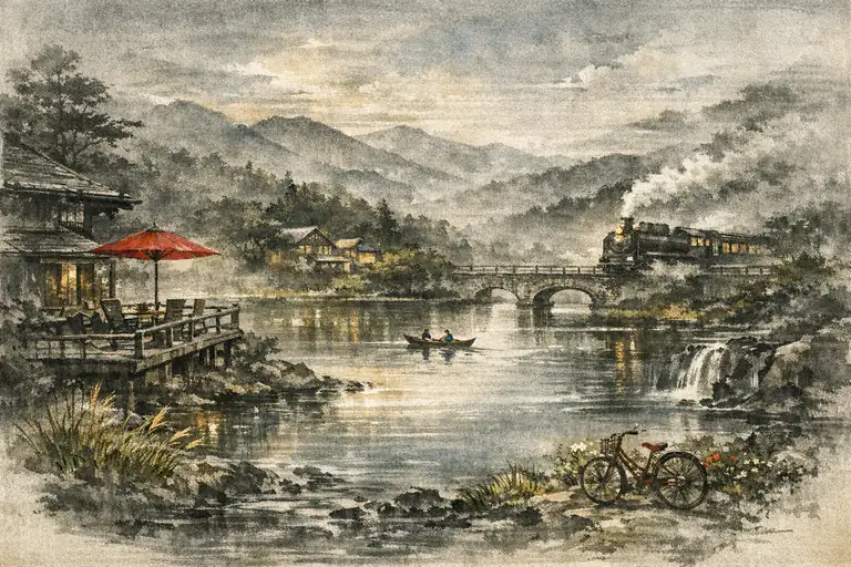 赤い野点傘と旅立ちの汽笛