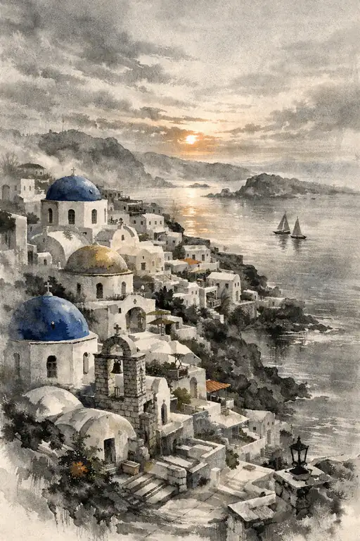 Gilded Domes in the Cradle of the Aegean Sunset