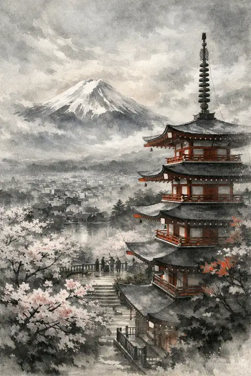 富士が静かに見つめる、桜色の刹那