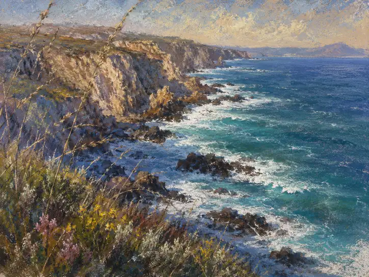 Atlantic waves crash on Portuguese cliffs: wildflowers glow in the coastal light