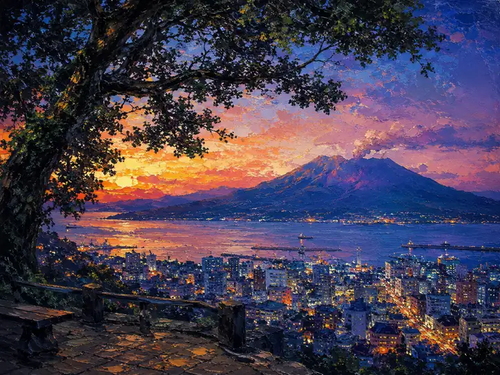 煌めく街と眠れる火の山