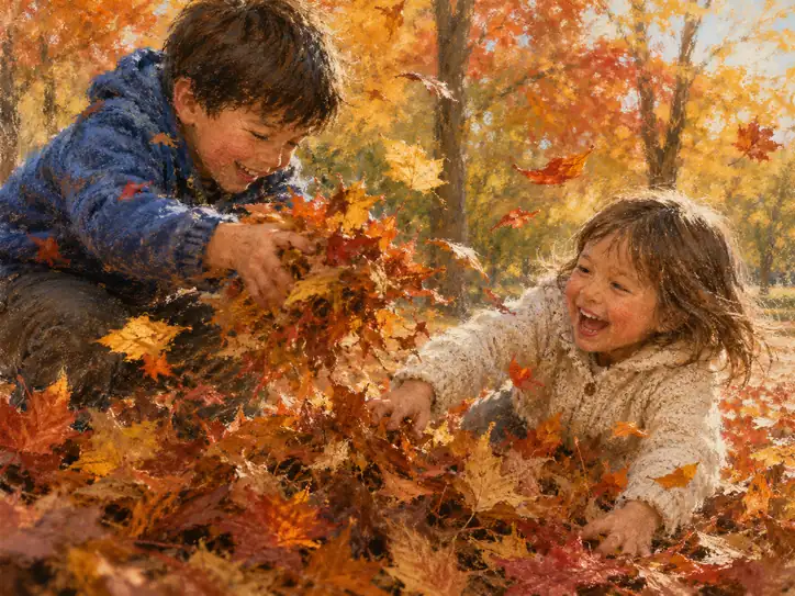 舞い散る紅葉の、きらめく雨の中で
