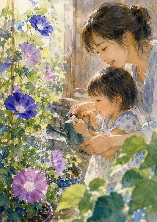 青い朝顔と、ちいさな如雨露