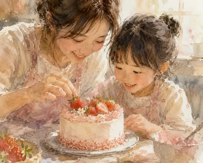 いちごをのせて、笑いあう