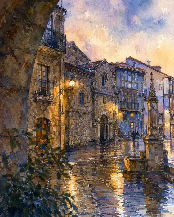 Rain-washed Echoes: Two Figures under the Lantern Glow