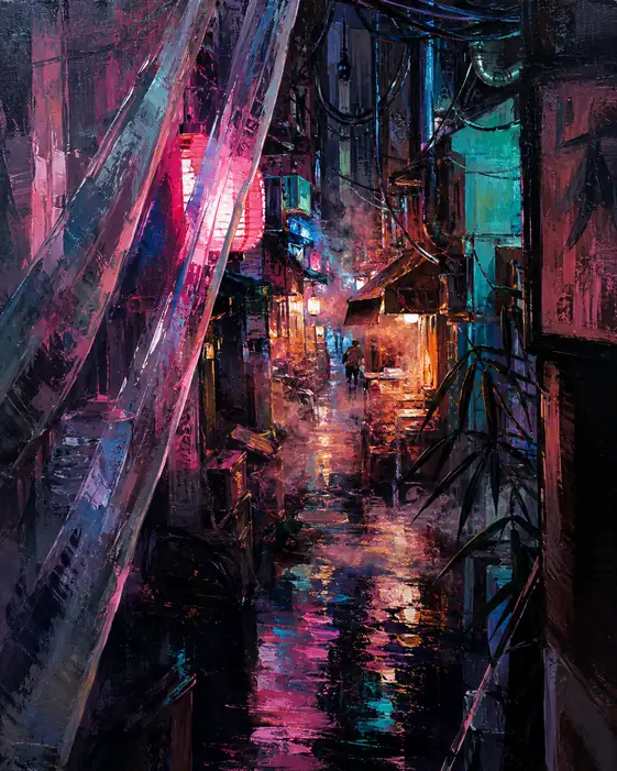 Solitary Walk in the Neon Rain
