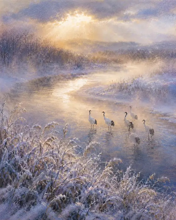 Cranes Waiting in the Golden Cold