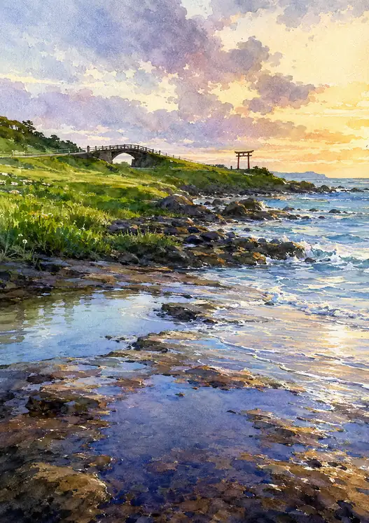鳥居が夕べを待つ岬