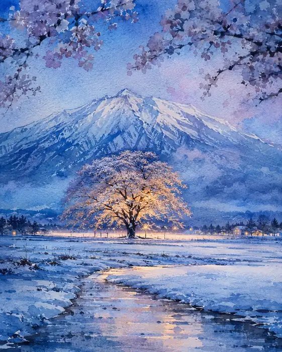 一本桜が守る春の灯