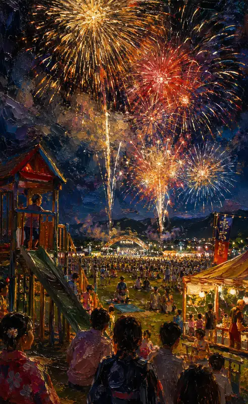 Summer Night Fireworks Over the Village Fair