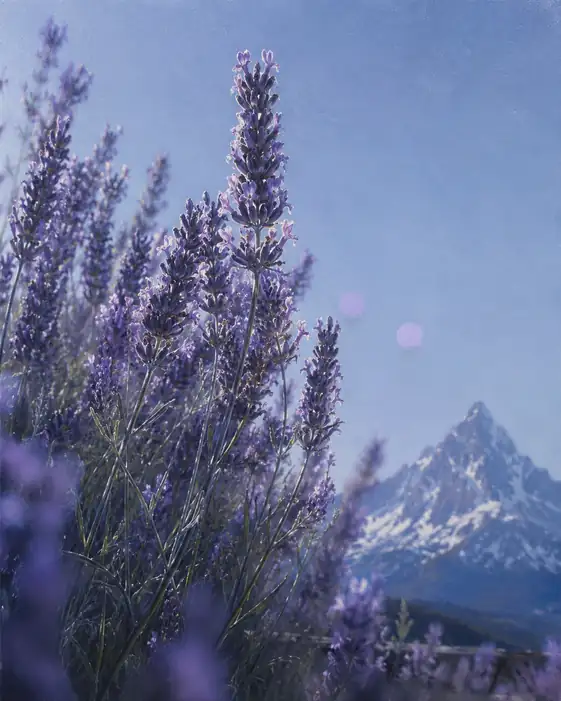 Lavender Slopes Beneath Snow Peaks