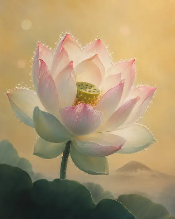 Dewdrops of Grace Before Distant Peaks