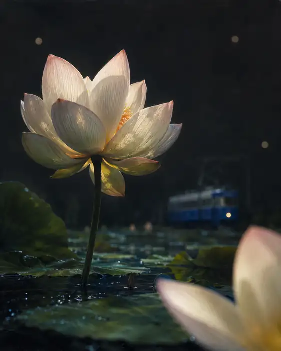 Night Lotus and Distant Tram