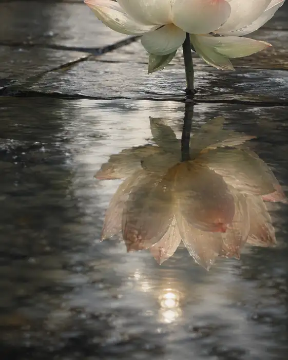 Inverted Lotus on Wet Cobblestones