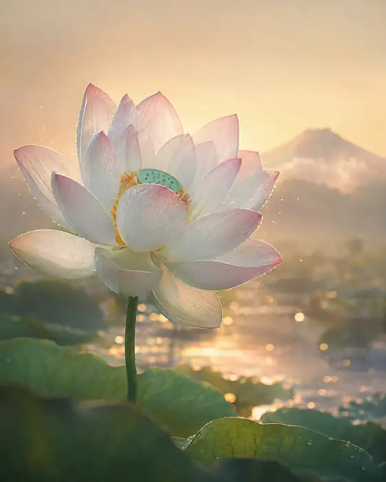 Lotus at Dawn Before Mountain Mist