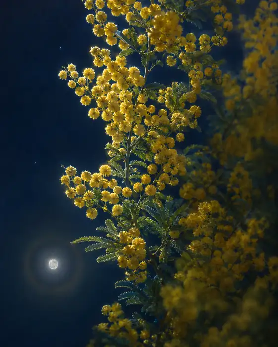 月夜に浮かぶミモザの枝