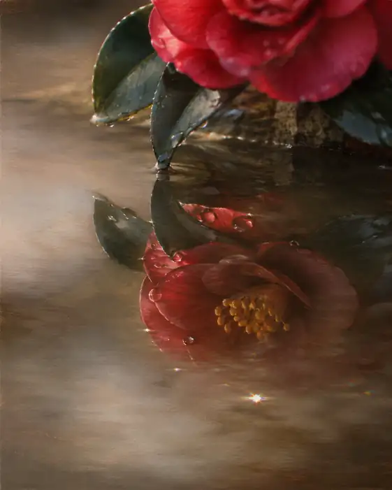 Floating Camellia on Sunlit Stream