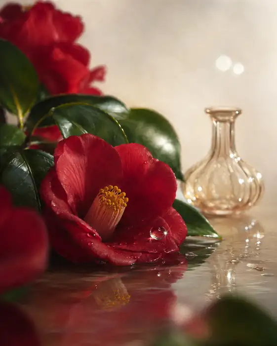 Dewdrop Camellia and Amber Flask
