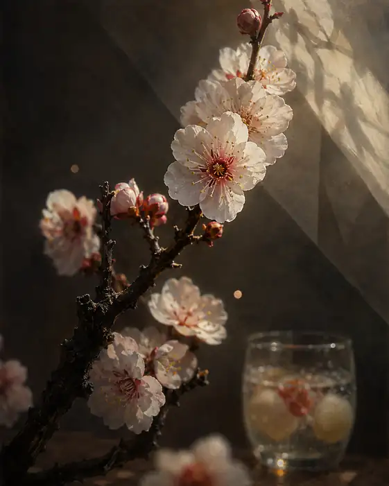 春光の白梅と炭酸のグラス