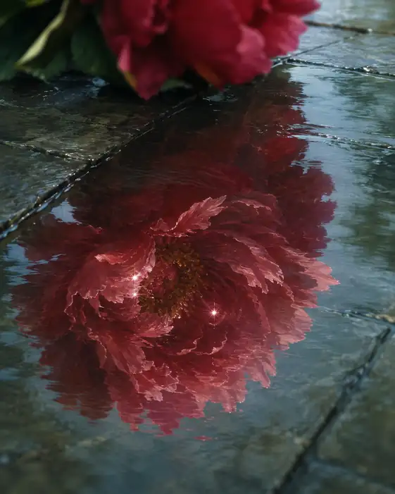 Crimson Peony Reflected in Cobblestone Puddle
