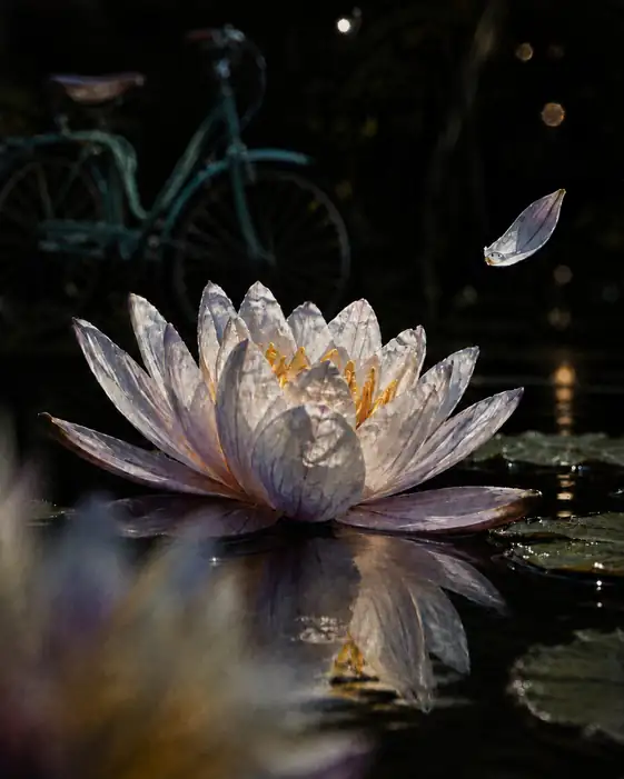 夜の水辺の睡蓮と自転車