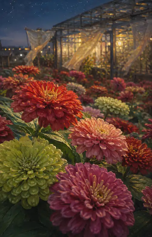 Zinnias in the Greenhouse Twilight