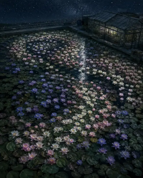星降る屋上水盤と睡蓮の星座