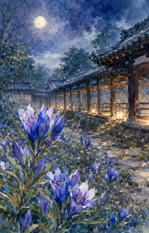 Azure Blossoms Along the Moonlit Temple