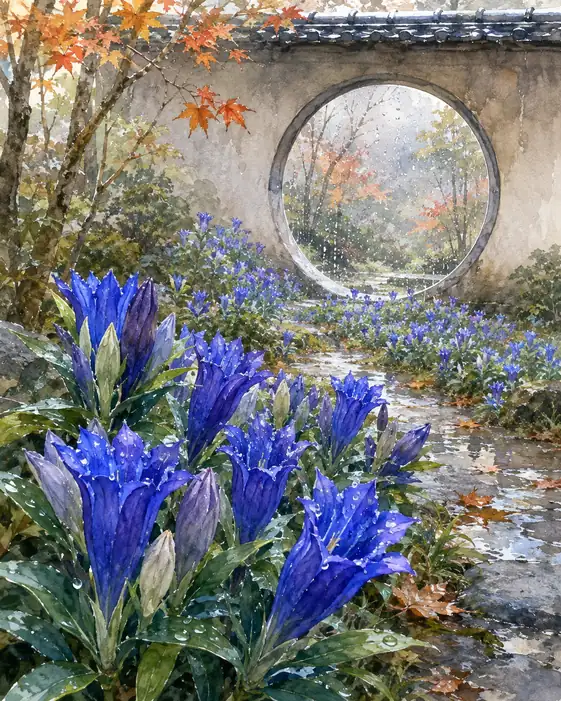 Autumn Rain and Gentians by the Round Window