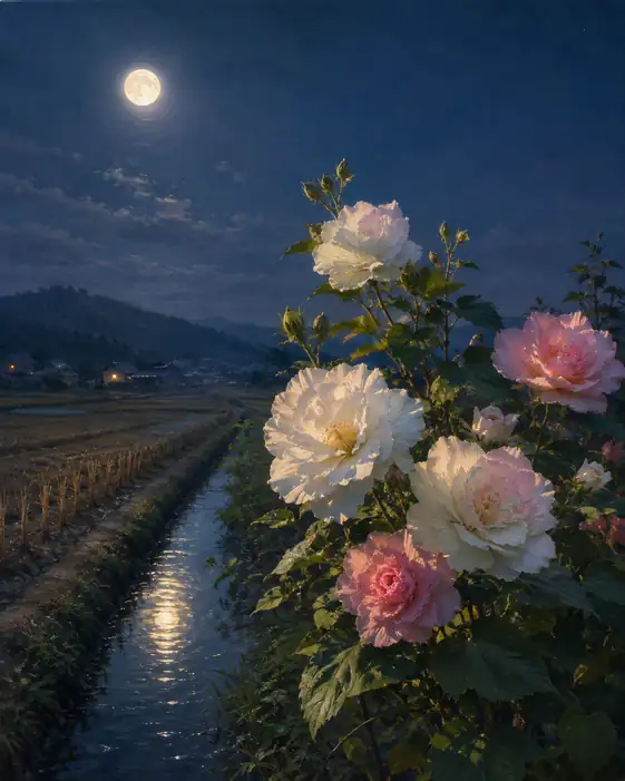 月光の水路に映える酔芙蓉