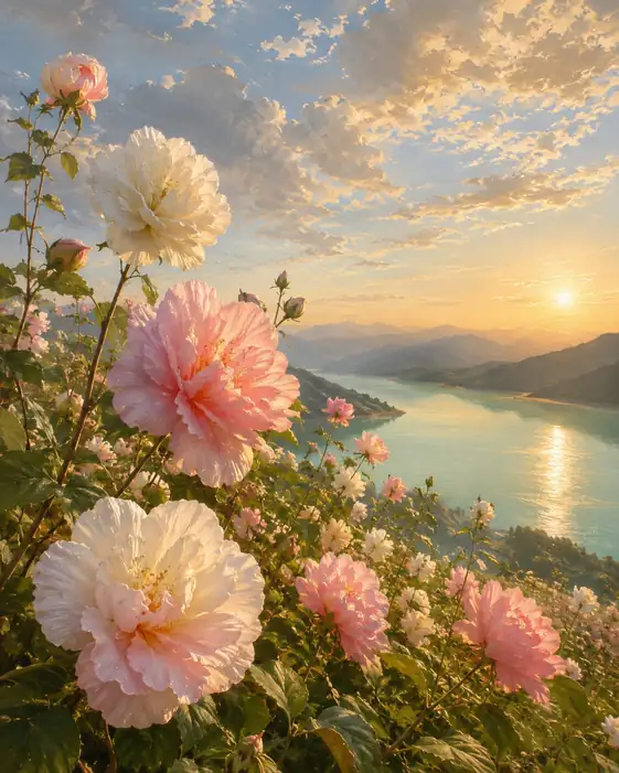 エメラルドの湖を染める夕暮れの華