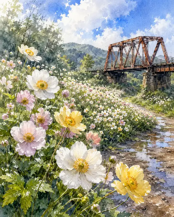 Bridge Above the Flowered Riverbank