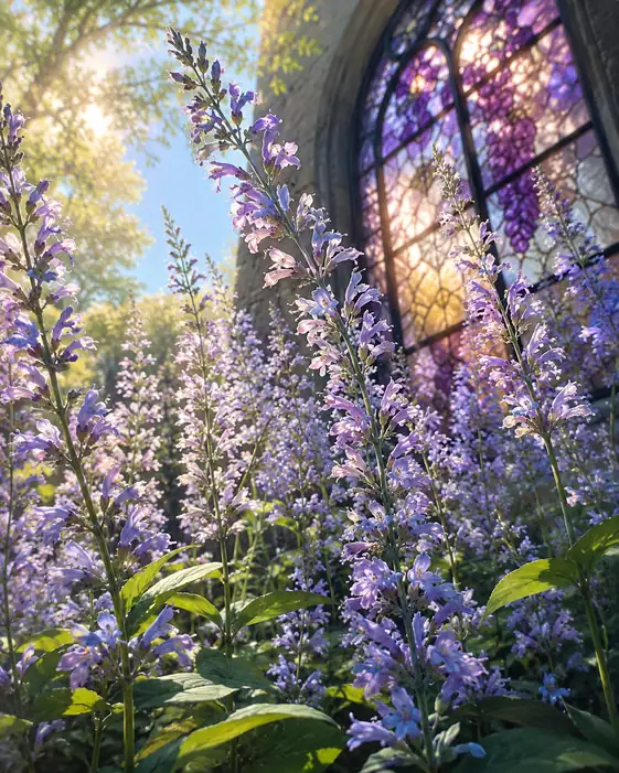 Stained Glass Radiance and Violet Blooms