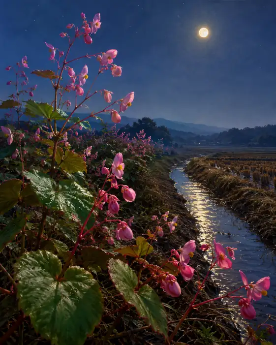 Moonlit Waterway and Scarlet Petals