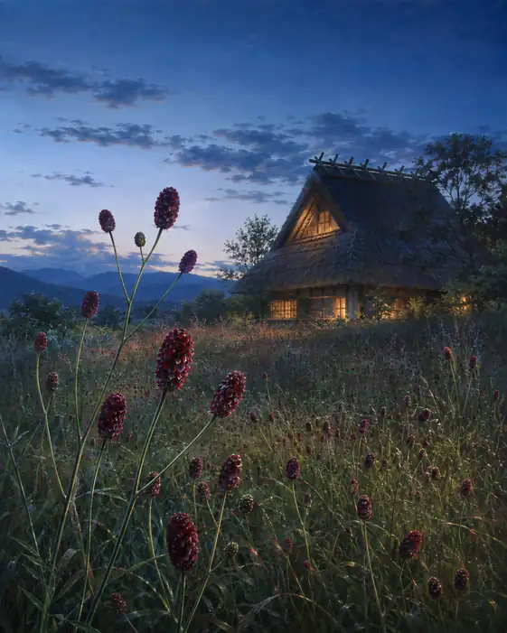 Evening Cottage and Sanguisorba Meadow