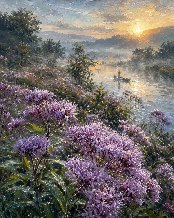 River Ferry at Dawn and Blooming Shores