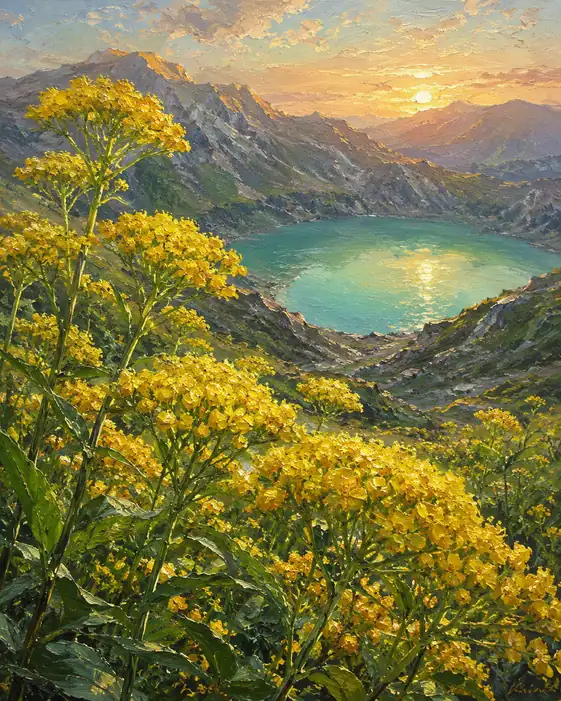 Crater Lake at Sunset and Golden Peaks
