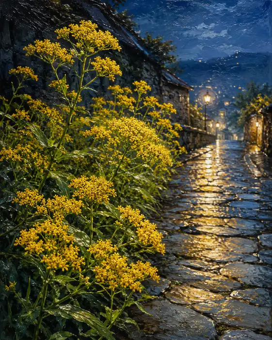 Golden Blooms Along the Wet Cobblestones