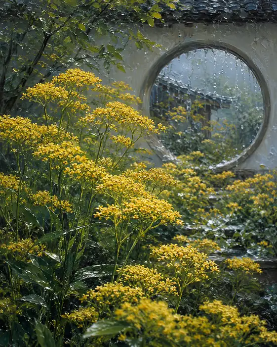 Rain on the Circular Window and Golden Fields