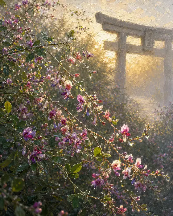 Morning Light Through the Torii and Dew-Laden Bush Clover