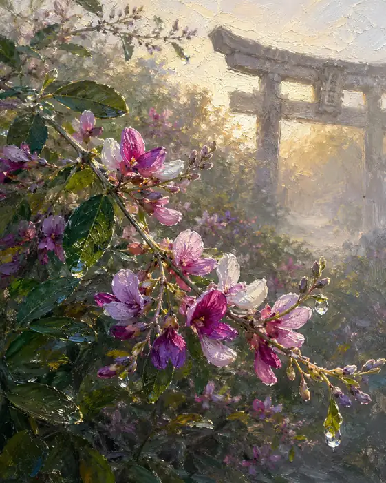 Dewdrops on Crimson Blossoms Before the Torii