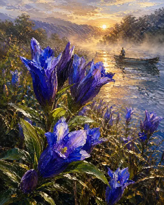 Morning Ferry and Azure Gentians in Bloom