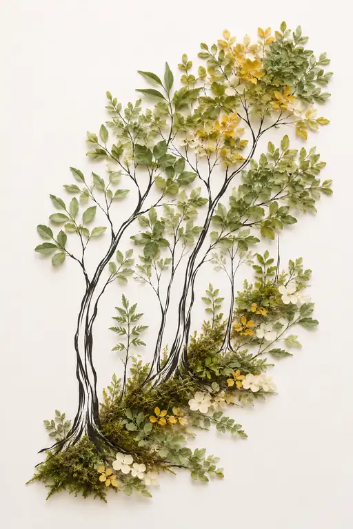 Grove of Pressed Leaves and Inked Trunks