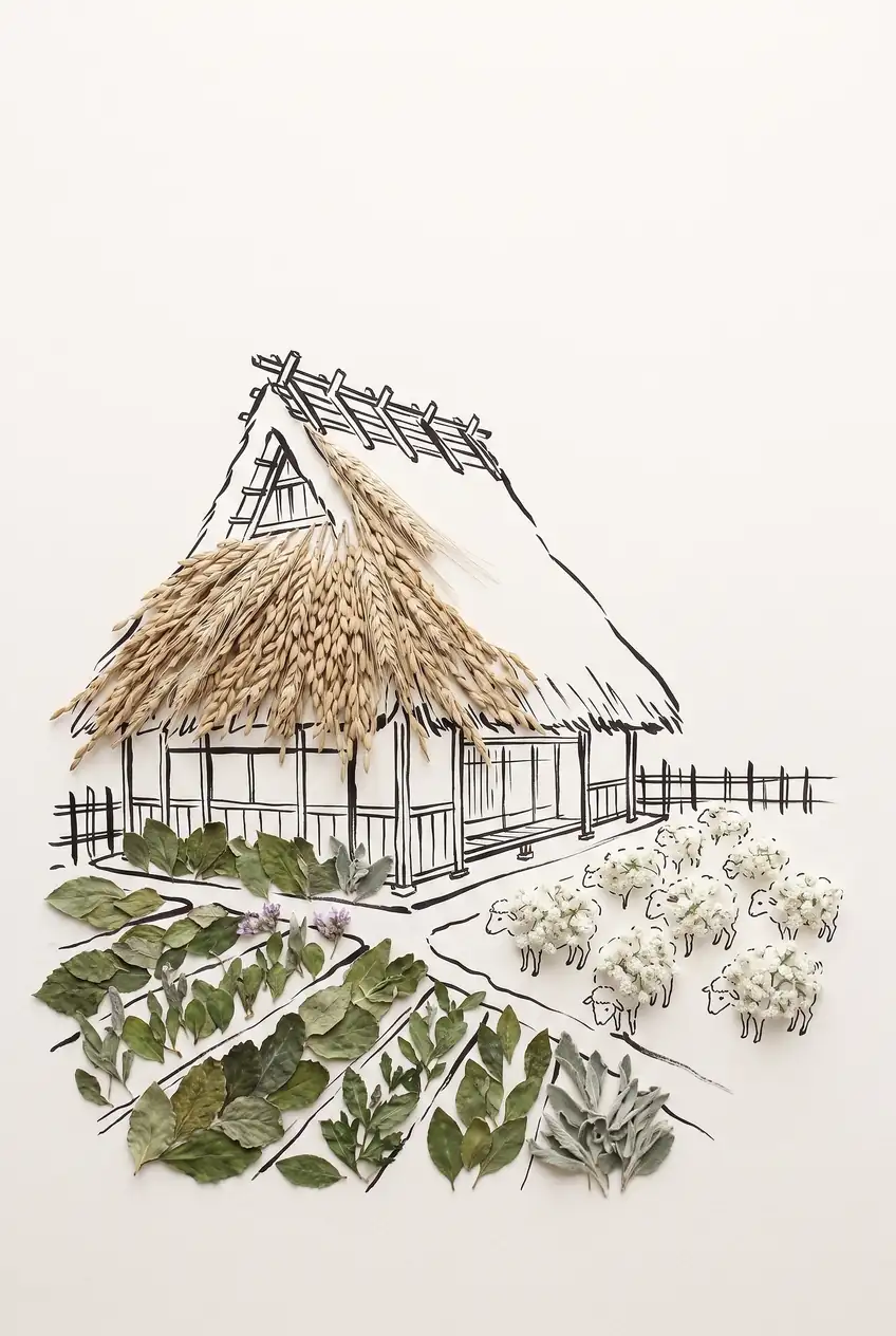 Thatched Sanctuary with Harvest Bounties