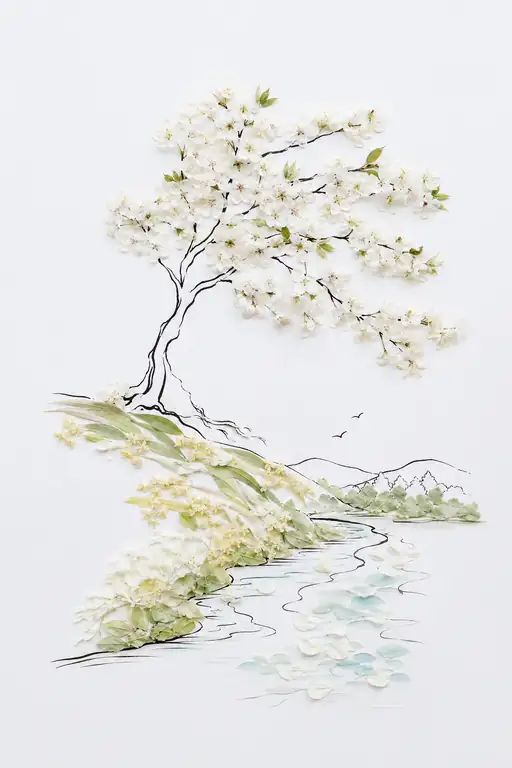 Riverside Blossom Tree Casting Petals on Water