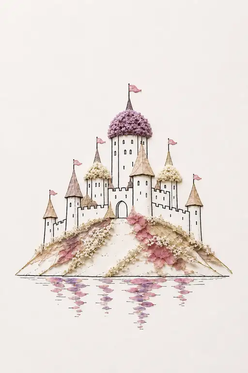 Lakeside Castle Cloaked in Twilight Blooms