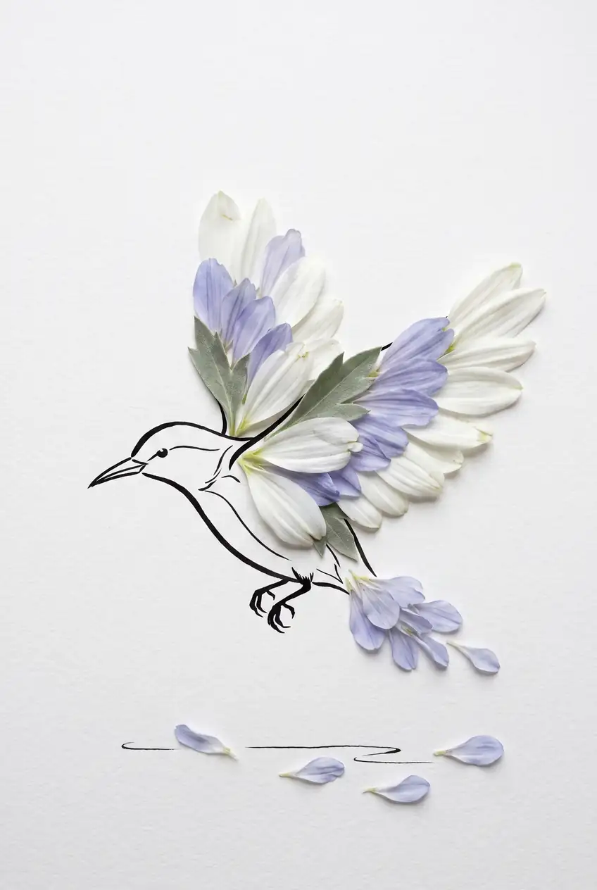 Songbird of Petals Riding the Gentle Breeze