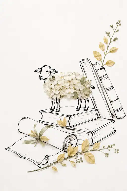 物語の書物の上に佇む花の羊