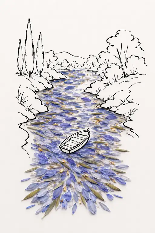 Solitary Boat Drifting on Azure Petal Waters