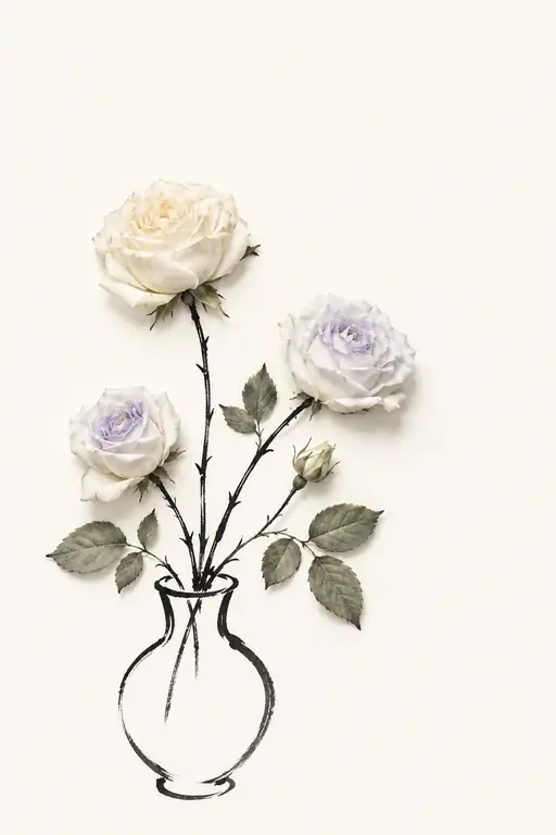 Trio of Serene White Roses in Ink Silhouette